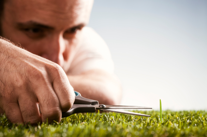 Perfectionist man cutting lawn with scissors