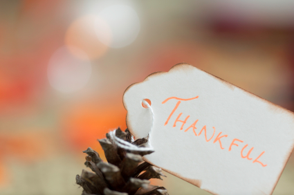 Close up of pinecone with tag that has the word "THANKFUL" tied with a string.